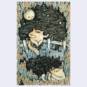 Ink drawing with muted orange and blue coloring of a cat sitting on a wooden fence serenading a nearby cat. Piece is framed by leaves and a moon hangs in the night sky.