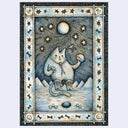 Illustration of a cat standing in cowboy boots, a bolo tie, and holding a tiny cowboy cat in one hand and a skull in the other. It stands in a blue-gray desert landscape with bones. A bone patterned drawn border frames the piece.