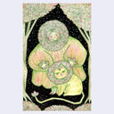 Colored pencil illustration of a green and pink flower character, with leaves around its face like a lion's mane and a baggy fabric dress. Sitting in front is a cat with a similar leaf mane and long tail. Background is black with white stars and trees creating a border.