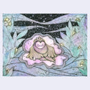 Ink illustration of a fish like creature, sitting upright like a queen in an open shell underwater. She is up on a bed of seaweed with stars and snails around the scene. 