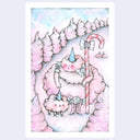 Pastel pink and blue illustration of a lady made out of cotton candy, holding a candy cane shepherd's cane and herding a cotton candy sheep. 
