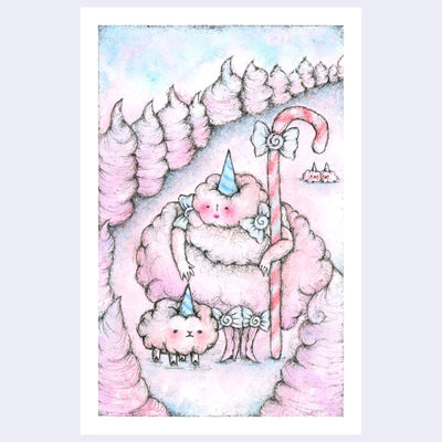 Pastel pink and blue illustration of a lady made out of cotton candy, holding a candy cane shepherd's cane and herding a cotton candy sheep. 