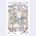 Pastel colored illustration of a prince character riding atop a horse made of strawberry ice cream, with a sugar cone horn and blanket covering.