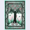 Illustration mostly in greens and pink with black line art of a tree with a large worm on its trunk, and flowers with faces in them. Piece has an ornate drawn border.