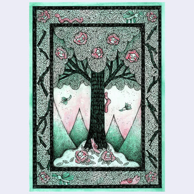 Illustration mostly in greens and pink with black line art of a tree with a large worm on its trunk, and flowers with faces in them. Piece has an ornate drawn border.