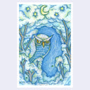 Mostly blue colored pencil illustration, with green and yellow accent coloring of an owl appearing from a circular clearing of compact trees. A crescent moon and stars hang overhead.
