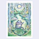 Illustration of a chunky cartoon cat standing in the middle of a forest clearing, mostly greens and blues. It holds a small skull and is dressed up in slight Shakespearean attire.