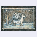 Ink illustration of a cowboy cat riding a horse under a starry night sky in the desert besides a cactus.