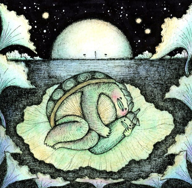 Ink and watercolor drawing of a kappa, a turtle like creature with leaves atop its head, spooning a small cucumber with the same face. They rest atop of a large leaf floating in a pond under the night sky.