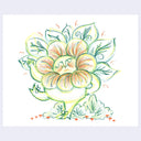 Colored pencil illustration of a flower character, chubby and wearing boots.