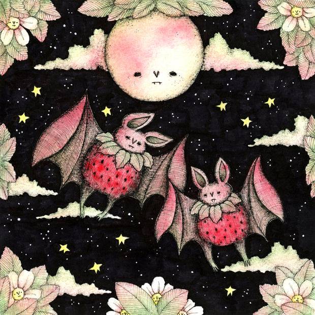 Illustration of 2 bats with strawberries for bodies flying in a starry night sky, with a full moon overhead. Some leaves and flowers frames the piece.