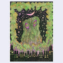 Colorful illustration of a creature with a cityscape and night sky in the background