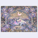 Illustration in mostly purples and pinks with subtle orange color accents o a cat laying on a rock outdoors with florals surrounding them, each with a small cat face.