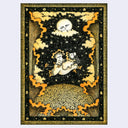 Orange and black illustration of a mushroom character riding atop of a horse, which jumps at the top of a hill under a cloudy, moonlit night sky.