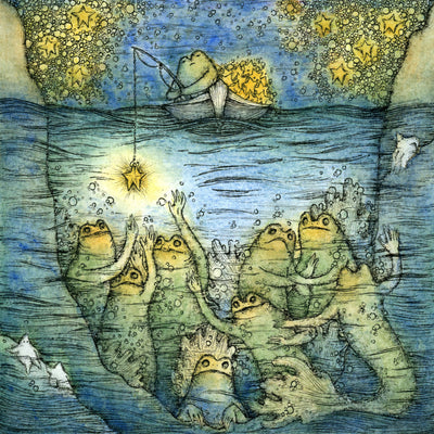 Watercolor illustration of an underwater scene, with many frog like creatures with mermaid tails gathered around a shiny star lure. The lure is attached to a fishing pole, as a frog atop the surface fishes with many stars in the back of his small fishing boat.