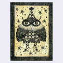 A whimsical black ink illustration of an owl wearing a party hat, centered on a cream background with star motifs and a textured black border, shown against a light gray backdrop.