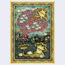 Watercolor illustration of a mermaid mushroom at the bottom of the sea surrounded by foliage mounds and a large coral tree.