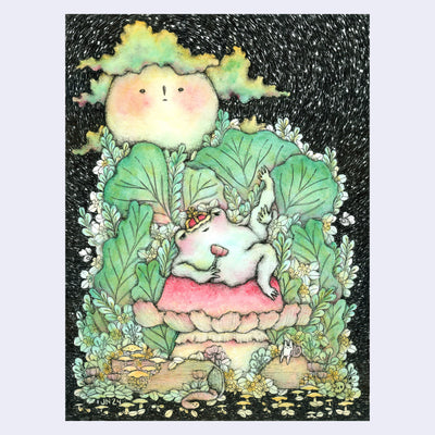 Illustration of a lumpy frog prince, lounging back on a mushroom with green leaves making up the back of his throne. A sun is in the otherwise black starry sky. 