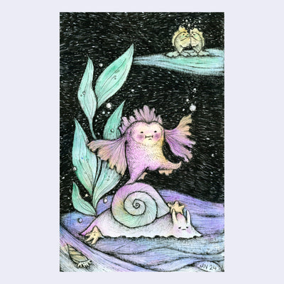 Illustration of a an anthropomorphized fish with a heart shaped face, it stands atop of a snail with small sea stars sitting around it. A piece of kelp stands behind them, along with a small fish couple in the far background.
