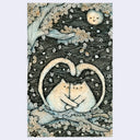 Ink illustration with muted orange and blue coloring of 2 cats sitting and holding hands, with their tails touching and forming a heart. They sit in a tree with a moon hanging in the night sky.