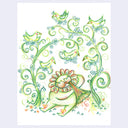 Colored pencil illustration of a flower characters sitting between flowers and birds on them. The character plays the trumpet.