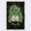 Drawing of 2 cute, cartoon frogs holding hands in front of many leaves and plants.