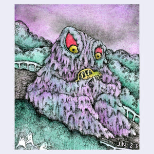Illustration of Hedorah, a gooey monster with 2 large red and yellow eyes and no other facial features. It stands on the side of the highway with a yellow car in its grasp.