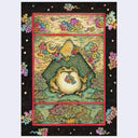 A colorful fantasy artwork featuring a frog sitting in front of a mountain, with stylized clouds coming out from a smoking pipe, flowers, and a black decorative border around the artwork.