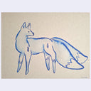 Blue ink illustration of a wolf with 2 very large fluffy tails.