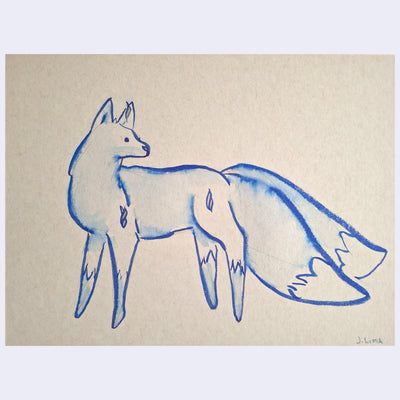 Blue ink illustration of a wolf with 2 very large fluffy tails.