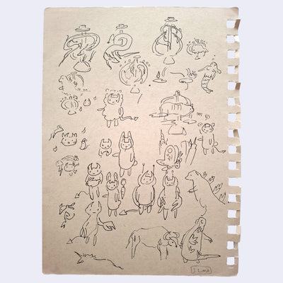 Tan colored sketchbook page with dozens of doodles of small characters.