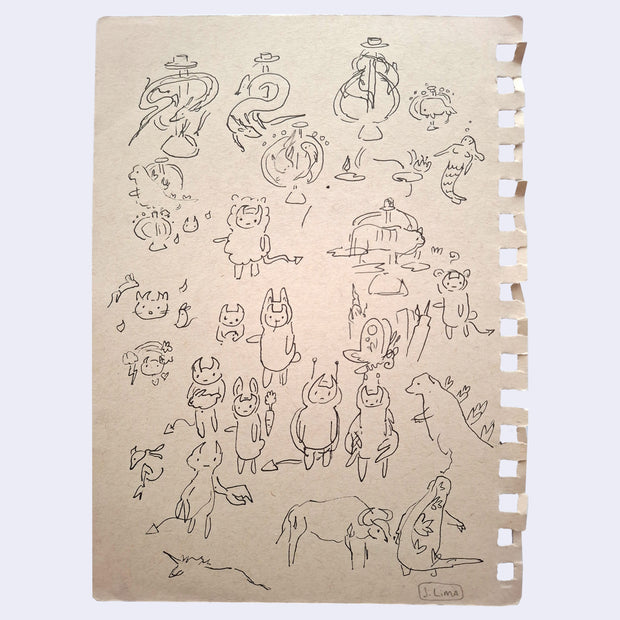 Tan colored sketchbook page with dozens of doodles of small characters.
