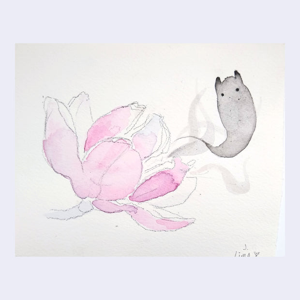 Watercolor sketch of a pink flower with a small black ghost flying out of it.