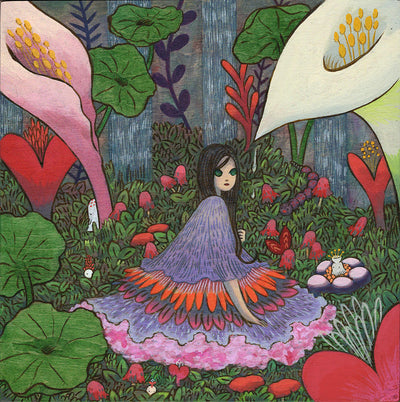 Colorful painting of a green eyed woman with long black hair sitting on the ground of a lush forest. She has a large dress that spreads out on the ground around her. Large flowers and plants surround her.