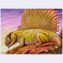 A colored pencil and ink illustration of a prehistoric dimetrodon dinosaur resting on rocky terrain under a purple and pink sky.
