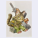 Illustration of a cat in military gear holding a rifle on a light background