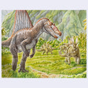 Watercolor illustration of a realistic prehistoric landscape with dinosaurs in the foreground and background. Greenery is very lush all around.