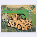 Illustration of a race car, with a cartoon cat driving it and another cat hanging out the window. It has a comic book speed cloud behind it and a collage style background of patterned paper, an 8bit diamond and mushrooms.