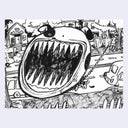 Ink illustration of a monster dog with a giant head, open fanged mouth, barking in a neighborhood street.