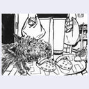 Ink illustration of someone bringing in groceries, seen only from the waist down. A fluffy dog bites their ankle.