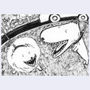 Ink illustration of 2 cartoon dogs, bearing their fangs ferociously at one another while each on a leash.