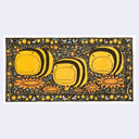 Illustration of 3 very chubby stylized bees, on a patterned floral background with a matching floral border.