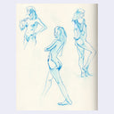 3 life drawings of a nude woman, drawn in blue ink.