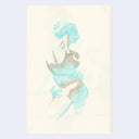 A lfe drawing portrait of a nude woman with her hair in a bun, drawn in tan and light blue marker.