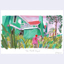 Painting based on a film still from The Florida Project of kids standing in an overgrown grassy space, throwing rocks at a green abandoned house.