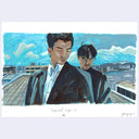 Painting based on a film still from Internal Affairs of 2 men standing atop a building under a blue sky with white clouds. They both look down.