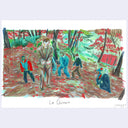 Painting based on a film still from La Chimera of a group of people standing in a forest, with lots of red leaves on the ground.