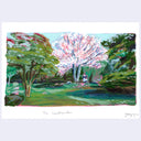 Painting based on a film still from The Handmaiden of a maid walking through a nicely kept garden with a blooming cherry blossom tree next to a pond.