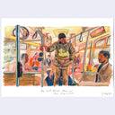 Painting based on a film still from The Last Black Man in San Francisco of a man holding a bag of yellow flowers, standing in a bus holding onto a stabilizing pole.