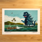 Illustration of Godzilla in the ocean with a boat and palm trees in the background, on a wooden surface.